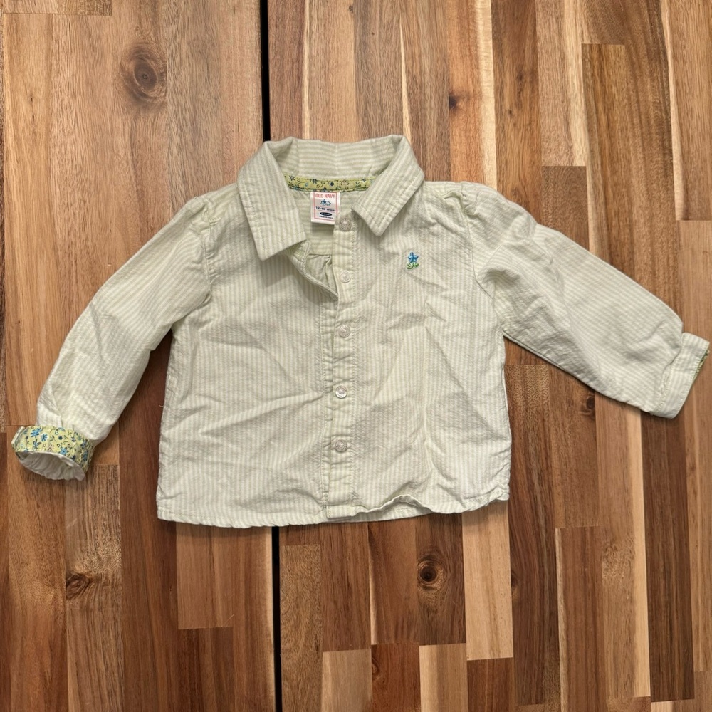 Old Navy Kids Green Pinstripe Button Down Shirt Floral Trim 12-18 Months Fall 05